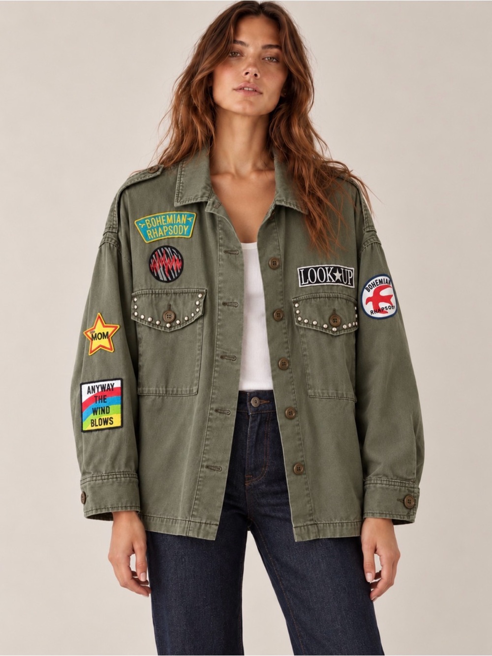 Moussy Queen Bohemian Rhapsody Patch Utility Jacket Army Green Oversized